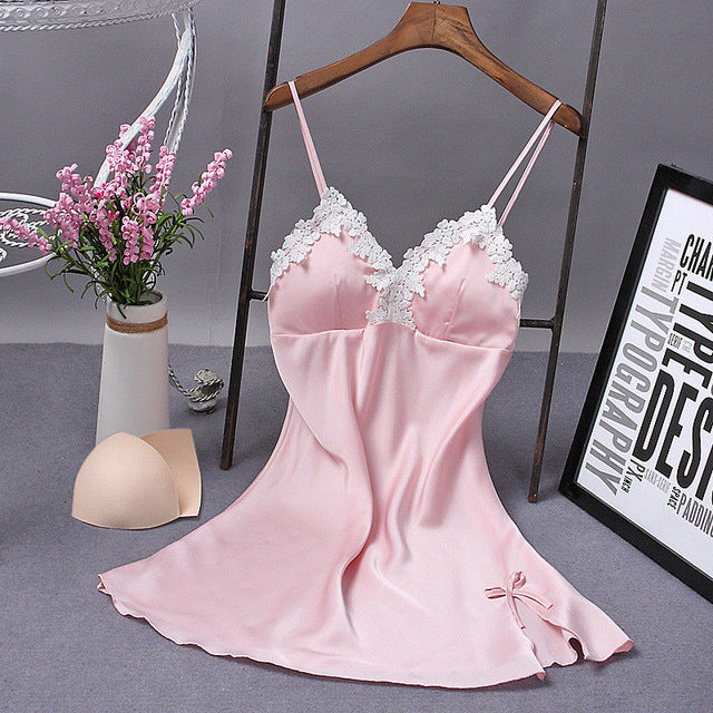 2018 Sumeer New Style Fashion Sexy Solid Sleeveless Solid Women Satin Silk Lace Robe Dress Babydoll
