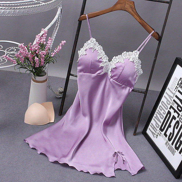 2018 Sumeer New Style Fashion Sexy Solid Sleeveless Solid Women Satin Silk Lace Robe Dress Babydoll