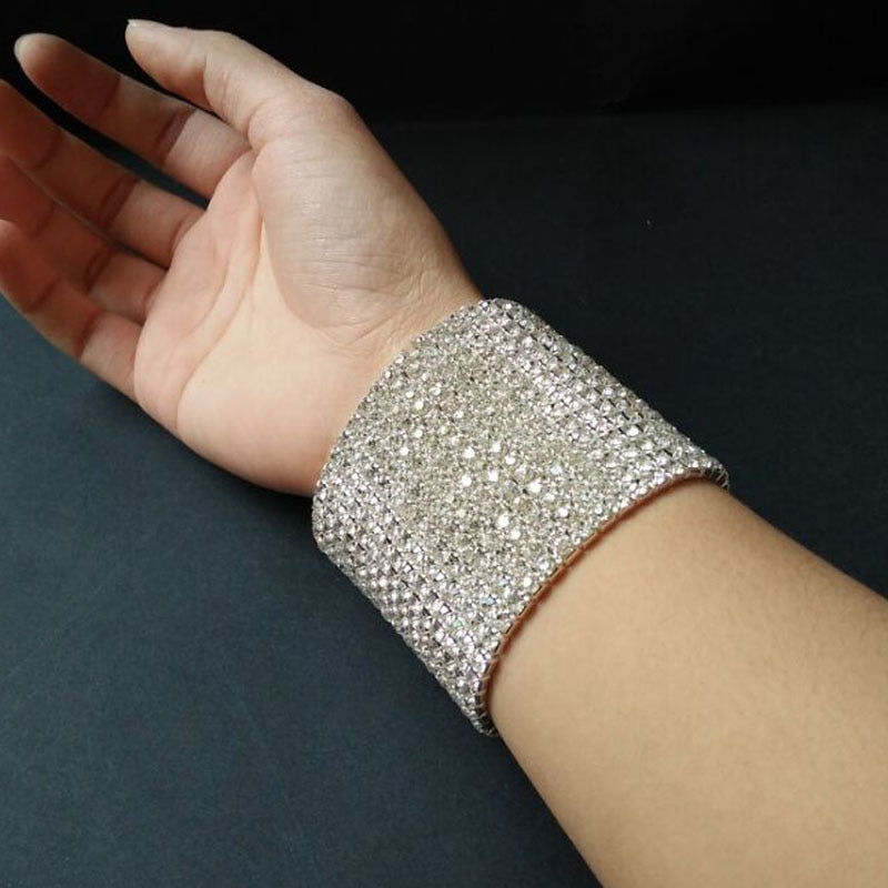 Gorgeous 15 Rows Bling Clear Rhinestone Stretch Bangle Bracelet Wedding Bridal Wristband for Women