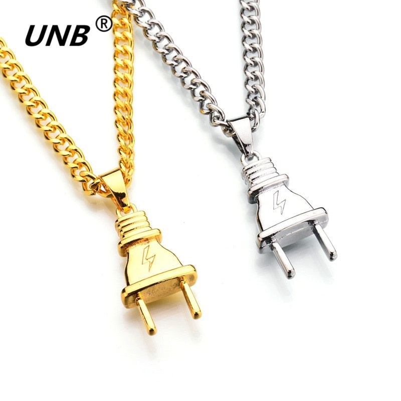 UNB 2017 New Gold-color Electrical Plug Shape Pendants Necklaces Men Women Hip Hop Charm Chains Iced Out Bling Jewelry Gifts