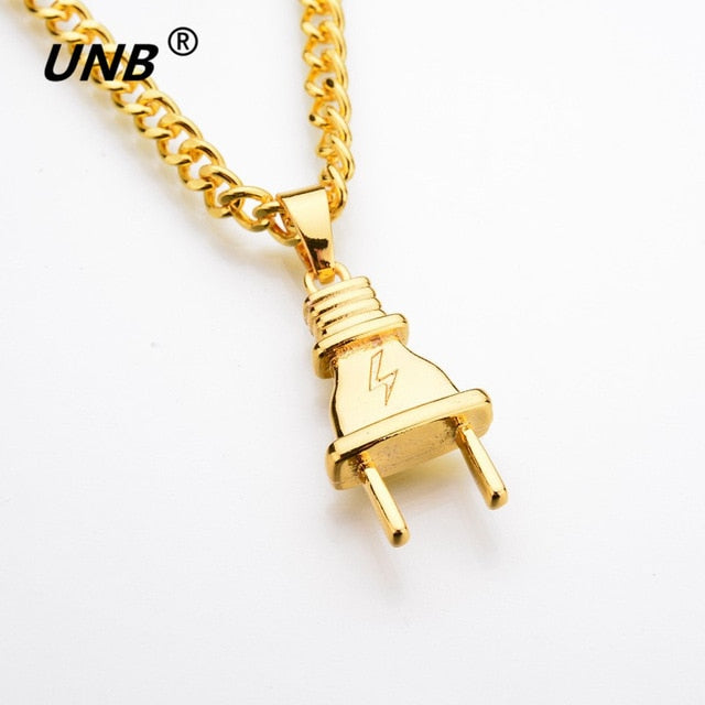 UNB 2017 New Gold-color Electrical Plug Shape Pendants Necklaces Men Women Hip Hop Charm Chains Iced Out Bling Jewelry Gifts