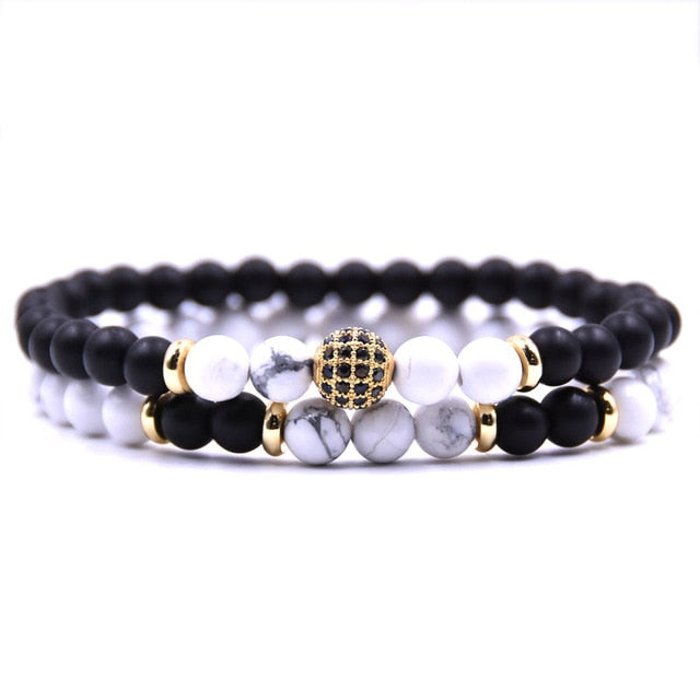 HYHONEY 2pc/sets Natural stone Bracelet men Micro Pave CZ 8mm Disco Ball Charms Bracelets for women Men jewelry viking bijoux