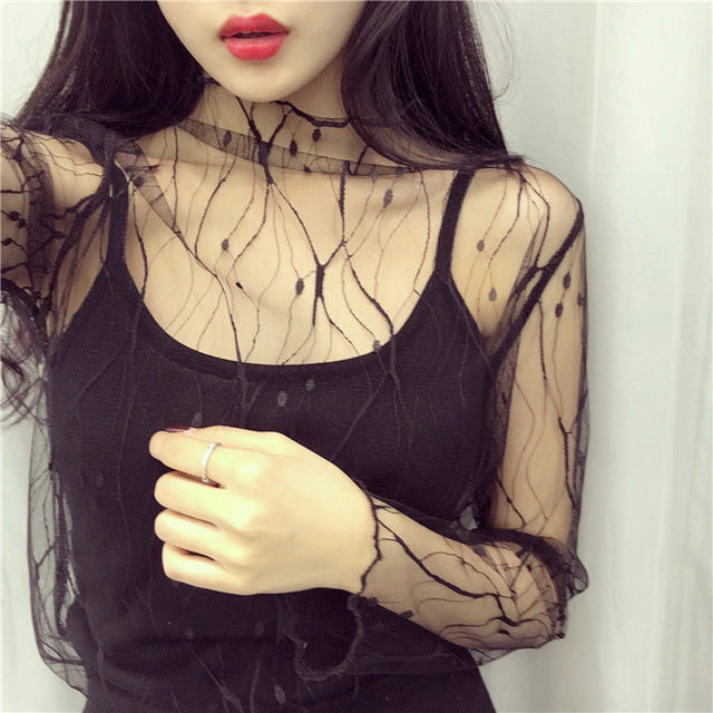 Ruoru Women Sexy Harajuku Mesh Net See Through T Shirt Hollow Transparent Undershirt Star Base Top Camisas Femininas Clubwear