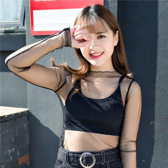 Ruoru Women Sexy Harajuku Mesh Net See Through T Shirt Hollow Transparent Undershirt Star Base Top Camisas Femininas Clubwear