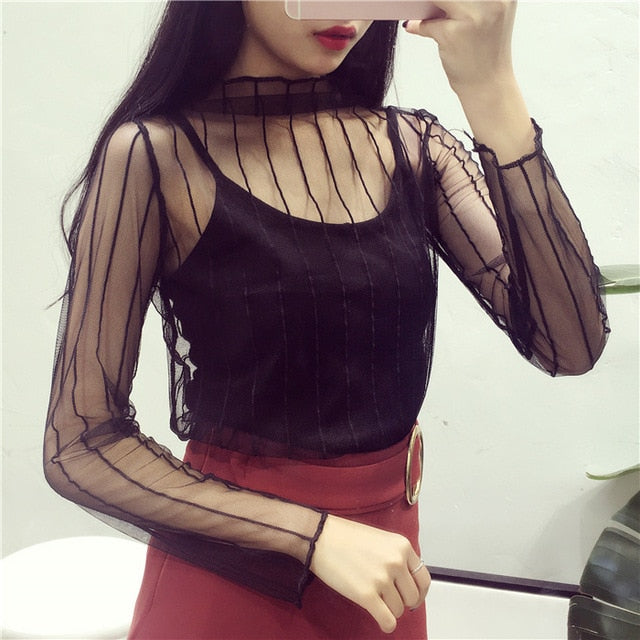 Ruoru Women Sexy Harajuku Mesh Net See Through T Shirt Hollow Transparent Undershirt Star Base Top Camisas Femininas Clubwear