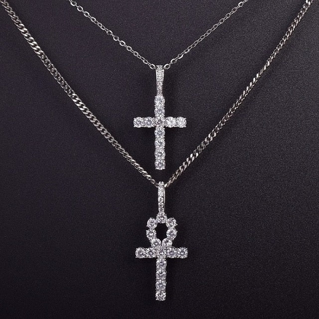 Iced Zircon Ankh Cross Necklace Set Gold Silver Copper Material Bling CZ Key To Life Egypt Cross Necklace Hip Hop Jewelry