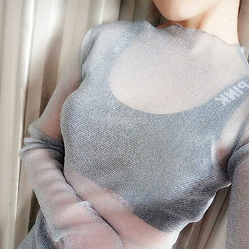 Ruoru Women Sexy Harajuku Mesh Net See Through T Shirt Hollow Transparent Undershirt Star Base Top Camisas Femininas Clubwear