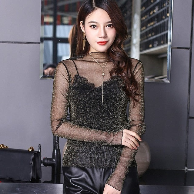 Ruoru Women Sexy Harajuku Mesh Net See Through T Shirt Hollow Transparent Undershirt Star Base Top Camisas Femininas Clubwear