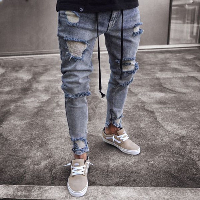 Skinny Ripped Jeans For Men Male Blue Motorcycle Jeans Denim Pants Fashion Brand Hole Biker Jeans Plus Size XXL