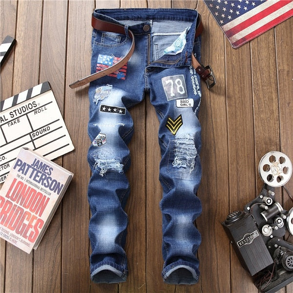 Male hole badge embroidery style denim trousers pants  2018 Fashion New Men's Casual Slim Patch Jeans Dropshipping