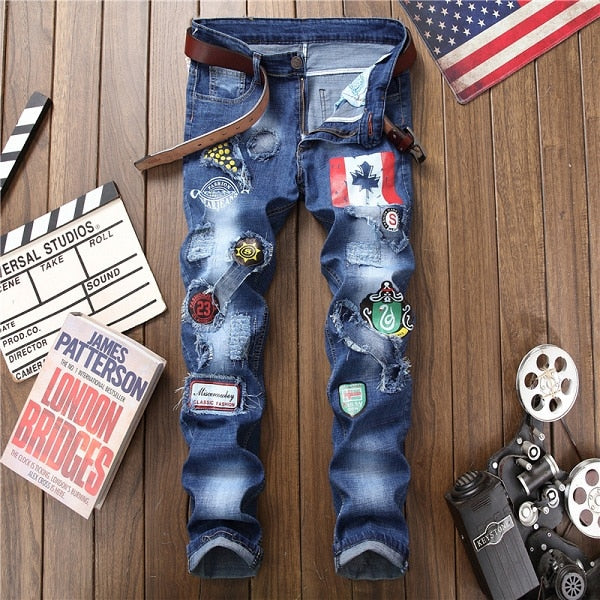 Male hole badge embroidery style denim trousers pants  2018 Fashion New Men's Casual Slim Patch Jeans Dropshipping