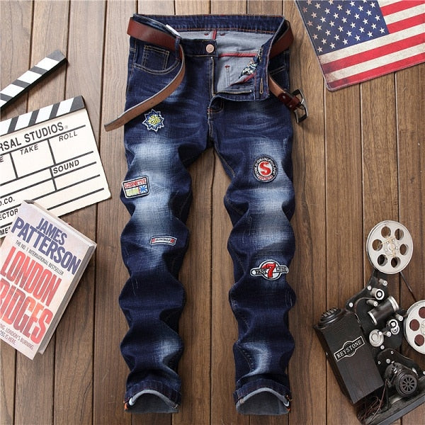 Male hole badge embroidery style denim trousers pants  2018 Fashion New Men's Casual Slim Patch Jeans Dropshipping