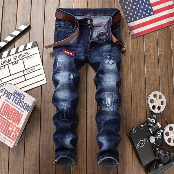 Male hole badge embroidery style denim trousers pants  2018 Fashion New Men's Casual Slim Patch Jeans Dropshipping