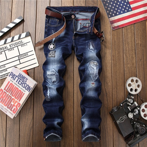 Male hole badge embroidery style denim trousers pants  2018 Fashion New Men's Casual Slim Patch Jeans Dropshipping