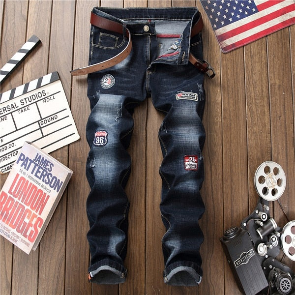 Male hole badge embroidery style denim trousers pants  2018 Fashion New Men's Casual Slim Patch Jeans Dropshipping