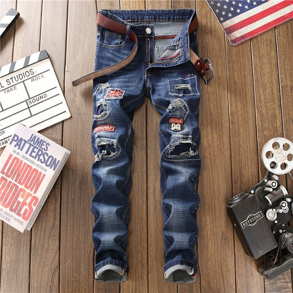 Male hole badge embroidery style denim trousers pants  2018 Fashion New Men's Casual Slim Patch Jeans Dropshipping