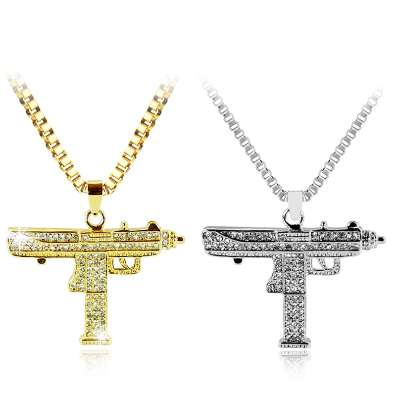 Uzi Gun Uzi Gun Drop shipping Golden Silver Color Pendant  Men Alloy Full  Bling Submachine Gun 24inch long cuban link chain