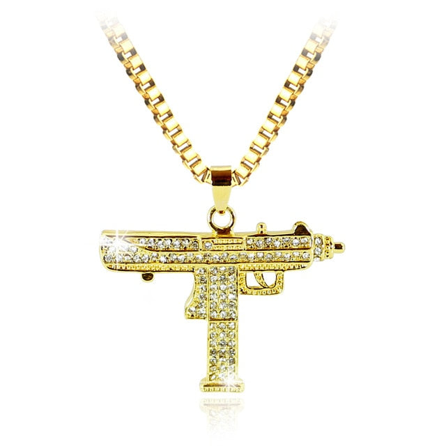 Uzi Gun Uzi Gun Drop shipping Golden Silver Color Pendant  Men Alloy Full  Bling Submachine Gun 24inch long cuban link chain