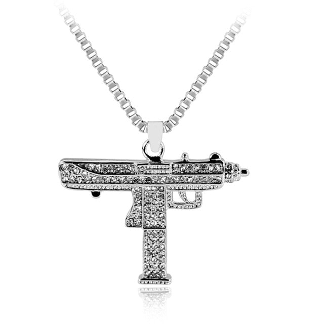 Uzi Gun Uzi Gun Drop shipping Golden Silver Color Pendant  Men Alloy Full  Bling Submachine Gun 24inch long cuban link chain