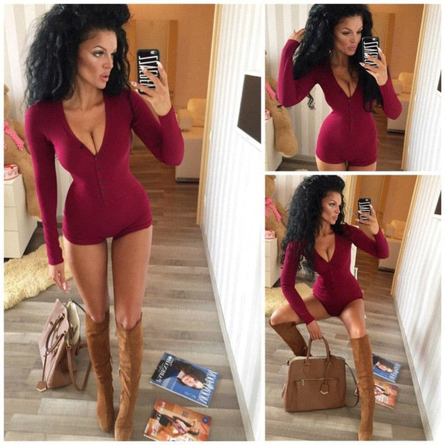 Women Sexy V Neck Cotton Bodysuit Long Sleeve Autumn Clothing Wear Sexy Slim Short Cotton Knitted Bodycon Bandage Jumpsuit