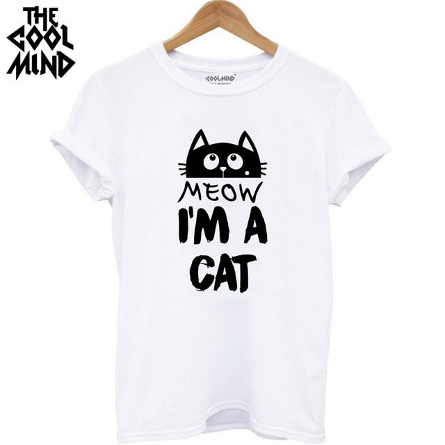 COOLMIND QI0232B 100% cotton cat print women T shirt casual short sleeve Tshirt female o-neck loose women t-shirt tops tee shirt