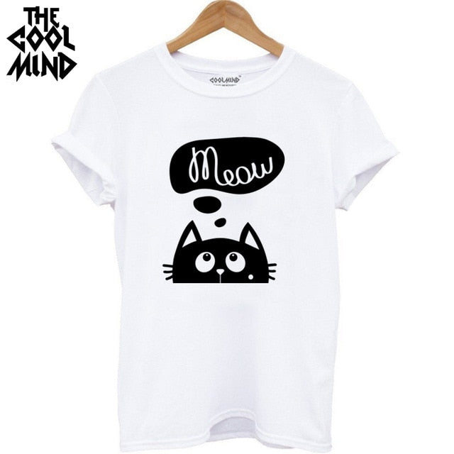 COOLMIND QI0232B 100% cotton cat print women T shirt casual short sleeve Tshirt female o-neck loose women t-shirt tops tee shirt