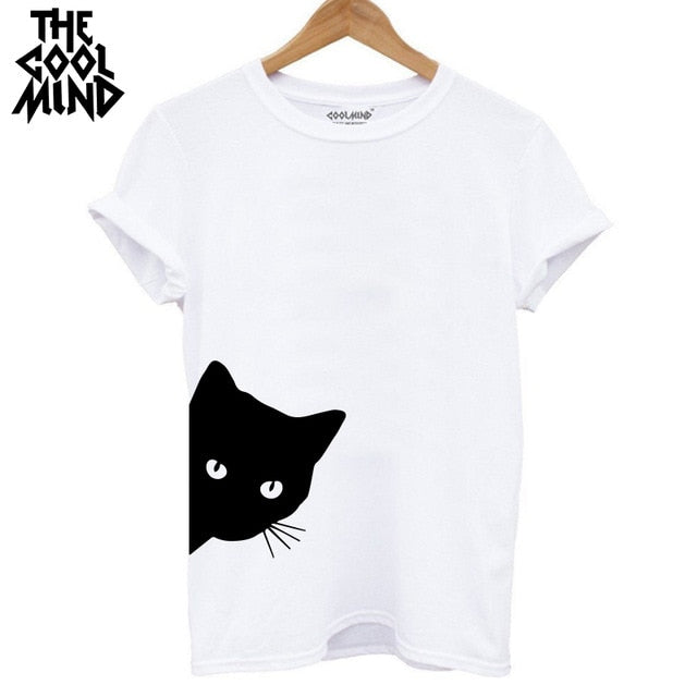 COOLMIND QI0232B 100% cotton cat print women T shirt casual short sleeve Tshirt female o-neck loose women t-shirt tops tee shirt