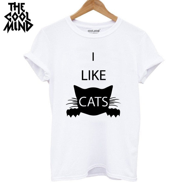 COOLMIND QI0232B 100% cotton cat print women T shirt casual short sleeve Tshirt female o-neck loose women t-shirt tops tee shirt