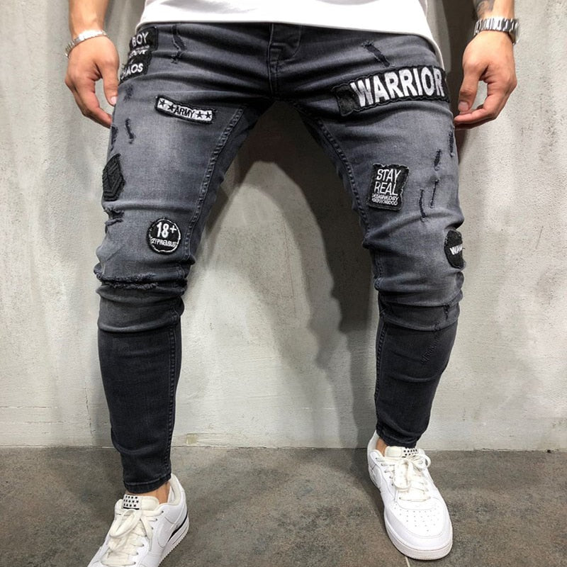 NEW  fashion 2018 men's hole embroidery jeans blue Hip-hop slim men jeans