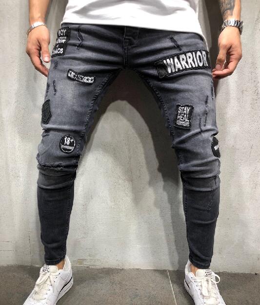 NEW  fashion 2018 men's hole embroidery jeans blue Hip-hop slim men jeans