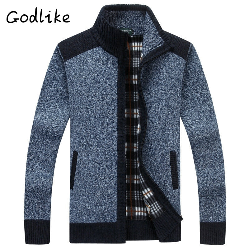 GODLIKE 2018 New autumn/winter 2018 men's cardigan with fleece and thick vertical collar, warm long sleeve knit sweater coat