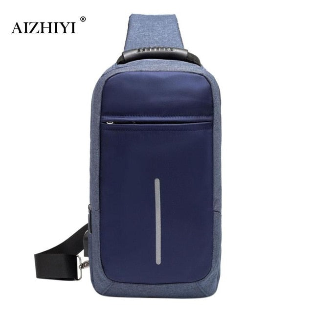 Men Sling Bag Chest Messenger Bag USB Charging Big Capacity Soft Canvas Shoulder Bags Men Pack Crossbody Vertical Square Bag