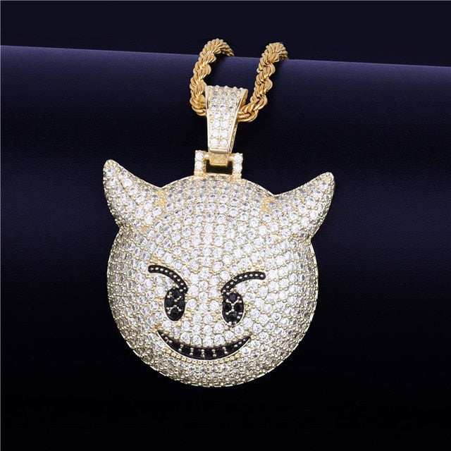 Iced Demon Evil Emoji Pendant With Tennis Chain Gold Silver Color Bling Cubic Zircon Men's Hip hop Necklace Jewelry For Gift
