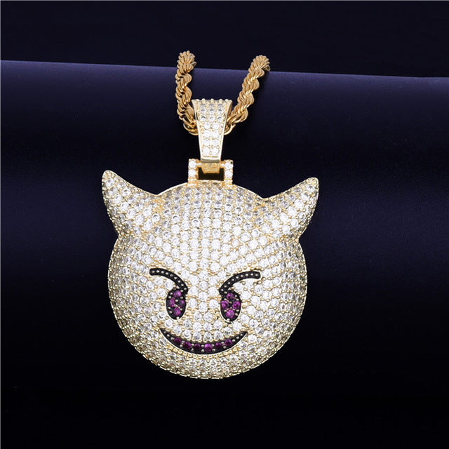 Iced Demon Evil Emoji Pendant With Tennis Chain Gold Silver Color Bling Cubic Zircon Men's Hip hop Necklace Jewelry For Gift