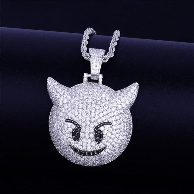 Iced Demon Evil Emoji Pendant With Tennis Chain Gold Silver Color Bling Cubic Zircon Men's Hip hop Necklace Jewelry For Gift