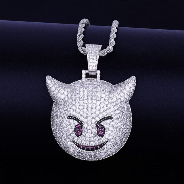 Iced Demon Evil Emoji Pendant With Tennis Chain Gold Silver Color Bling Cubic Zircon Men's Hip hop Necklace Jewelry For Gift