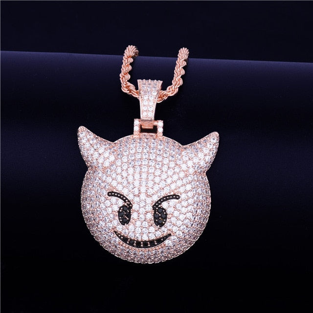 Iced Demon Evil Emoji Pendant With Tennis Chain Gold Silver Color Bling Cubic Zircon Men's Hip hop Necklace Jewelry For Gift