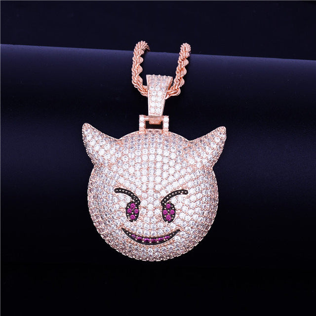 Iced Demon Evil Emoji Pendant With Tennis Chain Gold Silver Color Bling Cubic Zircon Men's Hip hop Necklace Jewelry For Gift
