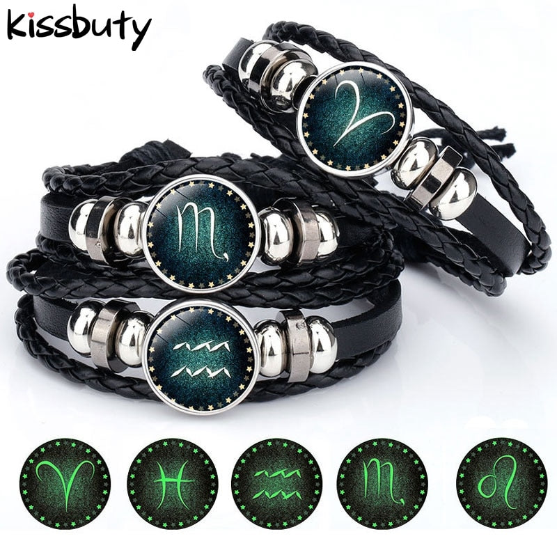 New 12 Constellation Luminous Bracelet Men Leather Bracelet Charm Bracelets for Men Boys Women Girl Jewelry Accessories Gifts