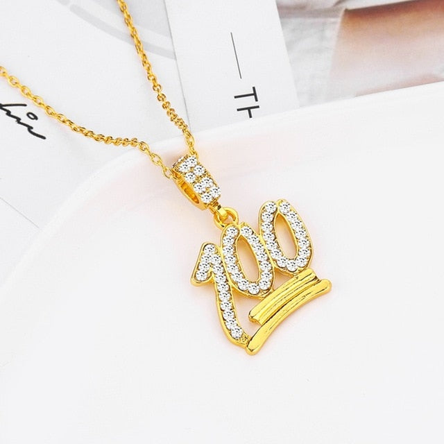 Charm Iced Out Bling Rhinestone Chain Necklace Gold Silver Color Crystal Emoji 100 Pendant Necklace Men Hip Hop Jewelry