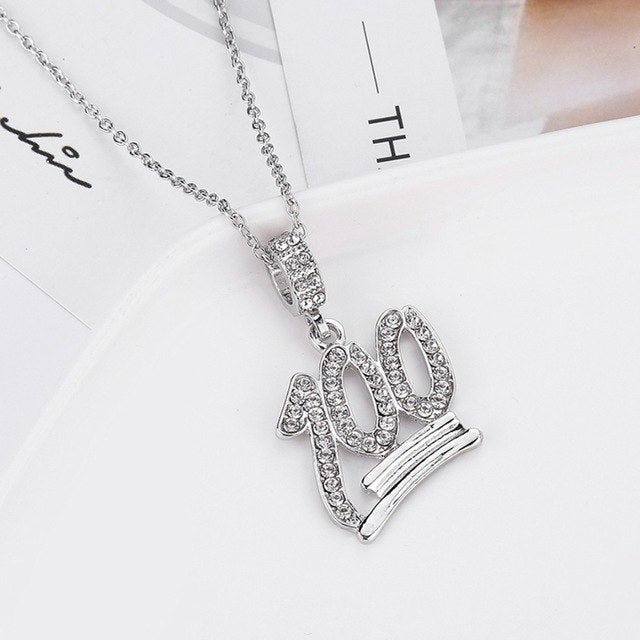 Charm Iced Out Bling Rhinestone Chain Necklace Gold Silver Color Crystal Emoji 100 Pendant Necklace Men Hip Hop Jewelry