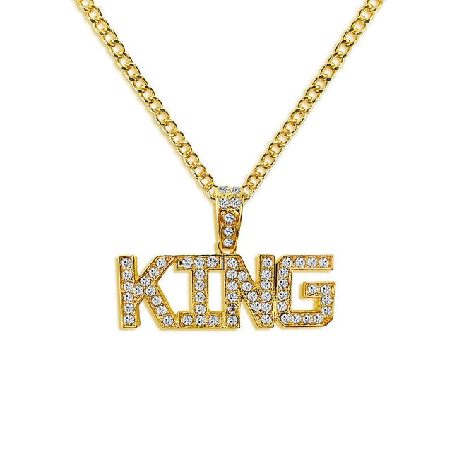 Men Hip Hop Full Rhinestone King Shape Pendants Necklaces Bling Bling Iced Out Cuban Link Chain Hiphop Necklace Men Jewelry Gift