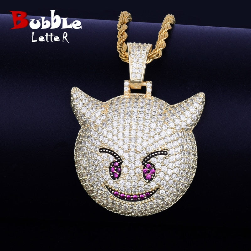 Iced Demon Evil Emoji Pendant With Tennis Chain Gold Silver Color Bling Cubic Zircon Men's Hip hop Necklace Jewelry For Gift