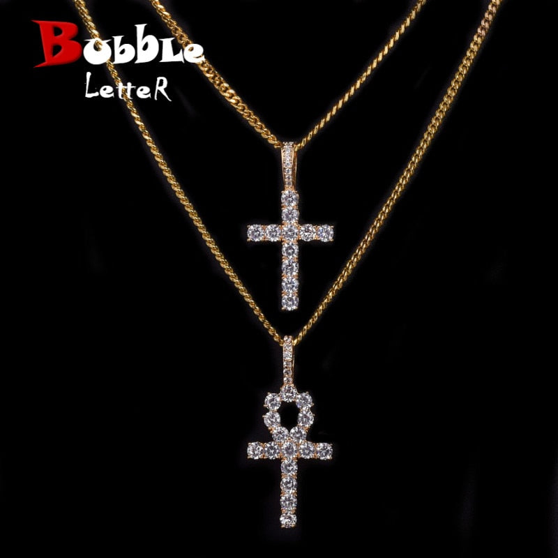 Iced Zircon Ankh Cross Necklace Set Gold Silver Copper Material Bling CZ Key To Life Egypt Cross Necklace Hip Hop Jewelry