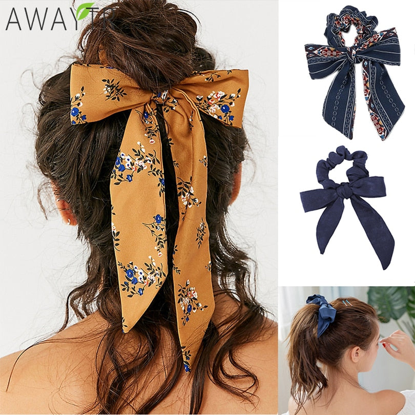 AWAYT Bow Streamers Hair Ring Fashion Ribbon Girl Hair Bands Scrunchies Horsetail Tie Solid Headwear Hair Accessories