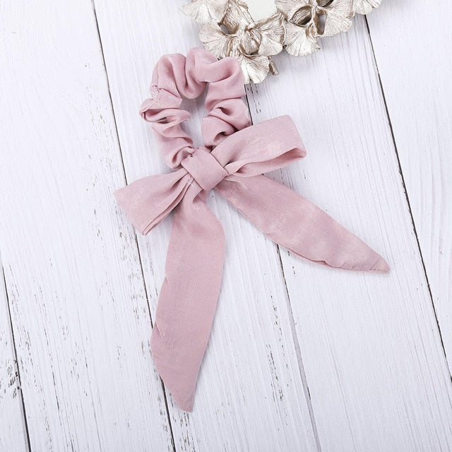 AWAYT Bow Streamers Hair Ring Fashion Ribbon Girl Hair Bands Scrunchies Horsetail Tie Solid Headwear Hair Accessories