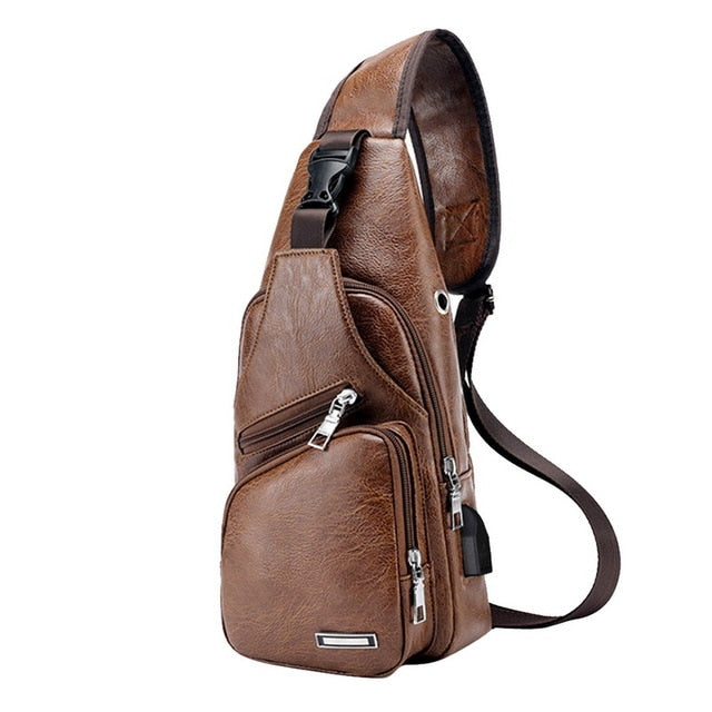 Laamei Men Crossbody Bags Messenger Leather Shoulder Bags Chest Bag USB With Headphone Hole Designer Package Back Pack