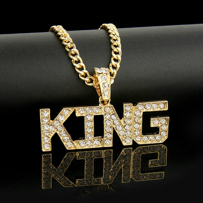 Men Hip Hop Full Rhinestone King Shape Pendants Necklaces Bling Bling Iced Out Cuban Link Chain Hiphop Necklace Men Jewelry Gift