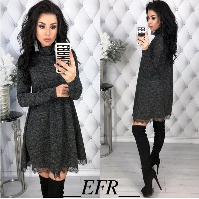 New Winter Spring Turtleneck A-line Lace Hem Long Sleeve Solid Causal Mini Dress Women Fashion Warm Elegant Dress Party Vestidos