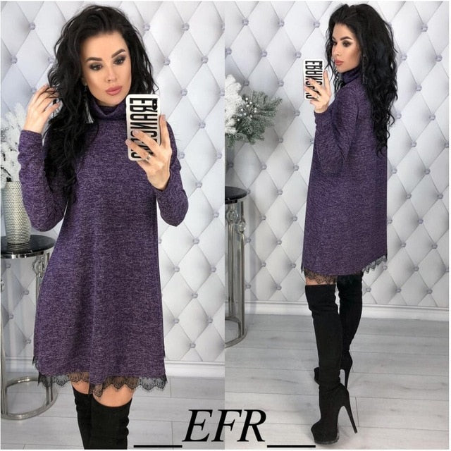 New Winter Spring Turtleneck A-line Lace Hem Long Sleeve Solid Causal Mini Dress Women Fashion Warm Elegant Dress Party Vestidos